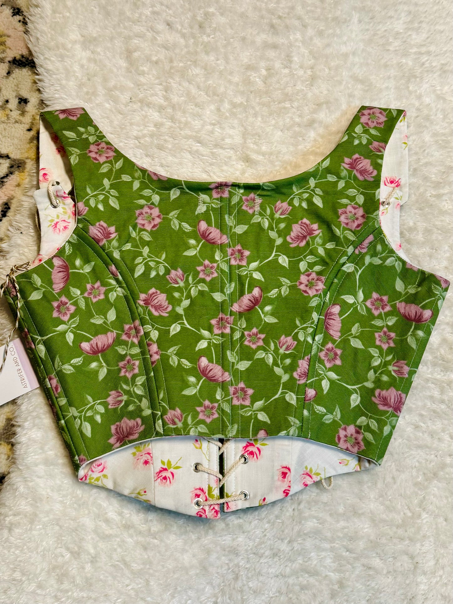 Front Lace Corset in Green and Pink Floral Cotton Canvas