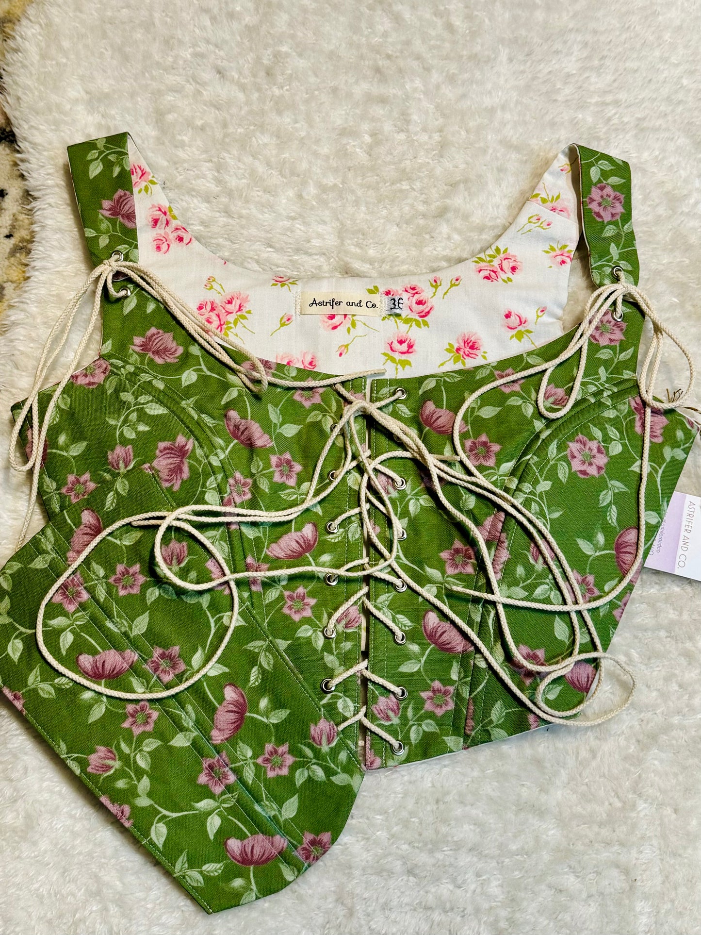 Front Lace Corset in Green and Pink Floral Cotton Canvas