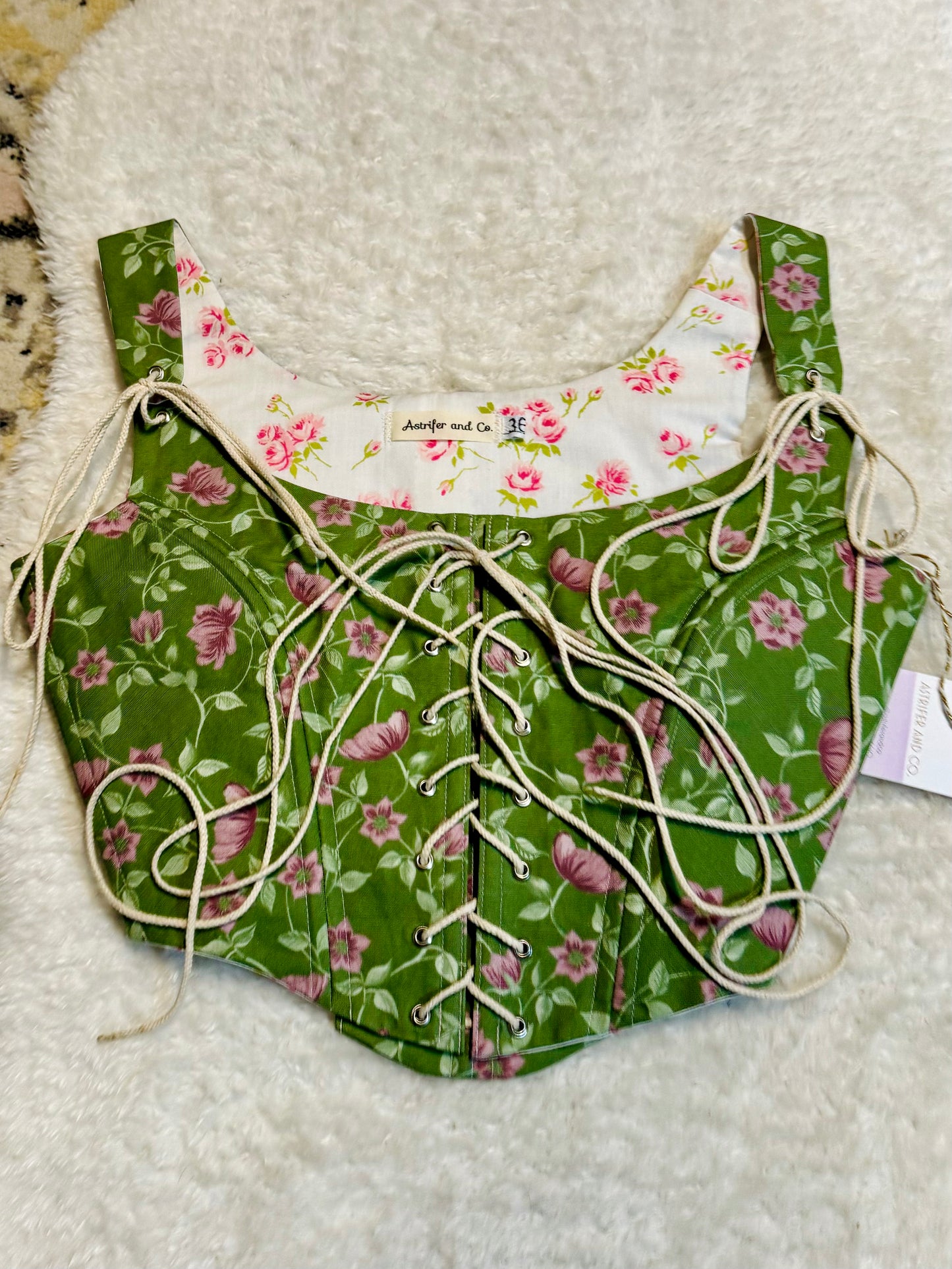 Front Lace Corset in Green and Pink Floral Cotton Canvas