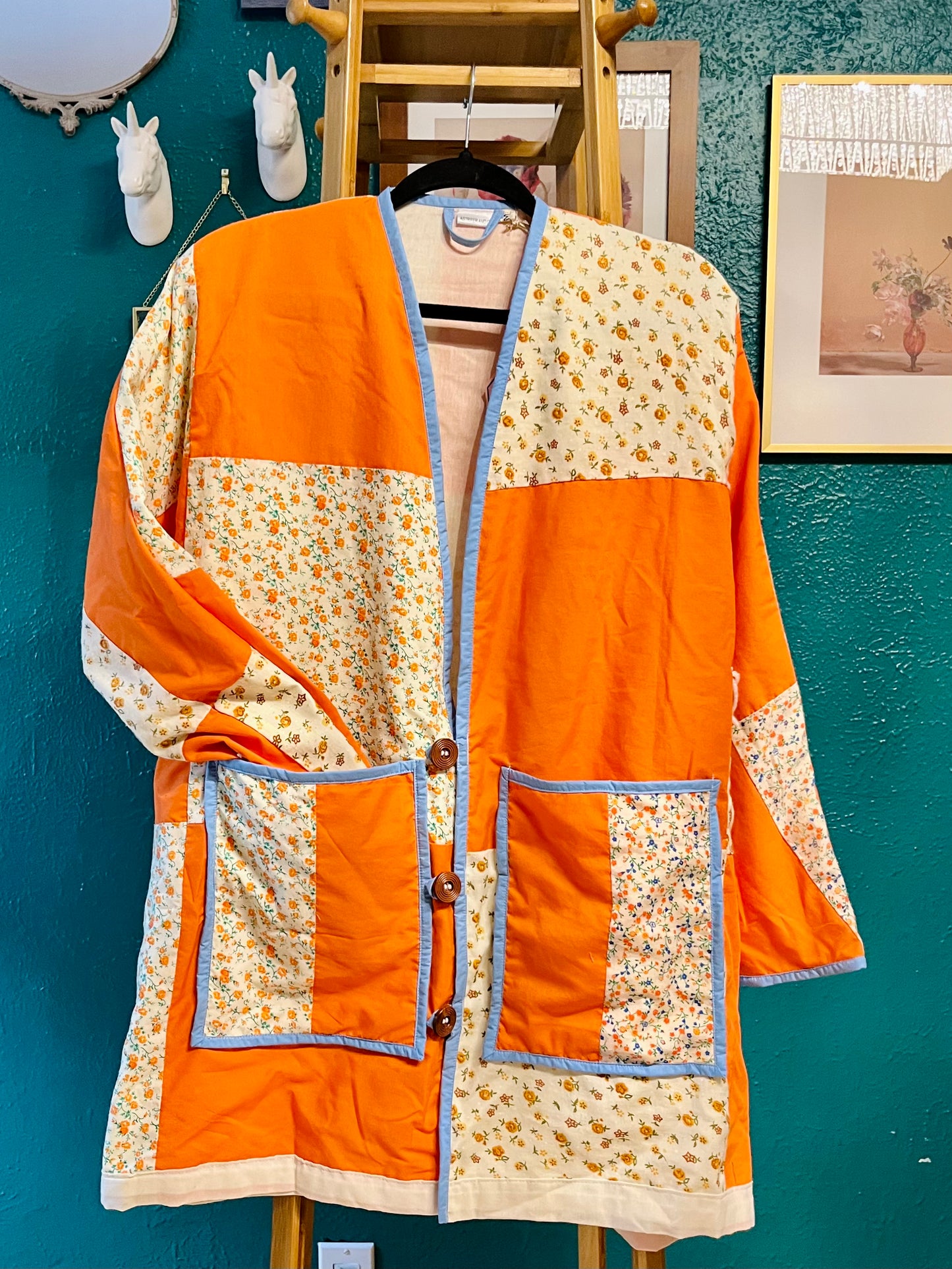 Quilt Jacket in Orange and Floral - Size M Oversized