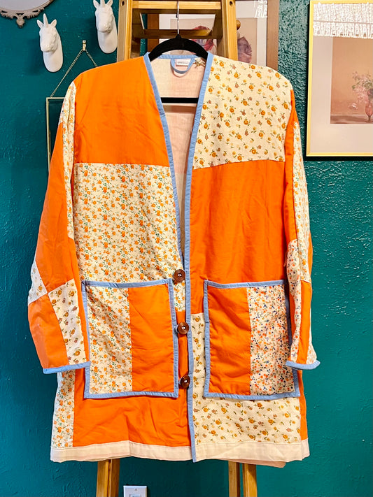 Quilt Jacket in Orange and Floral - Size M Oversized