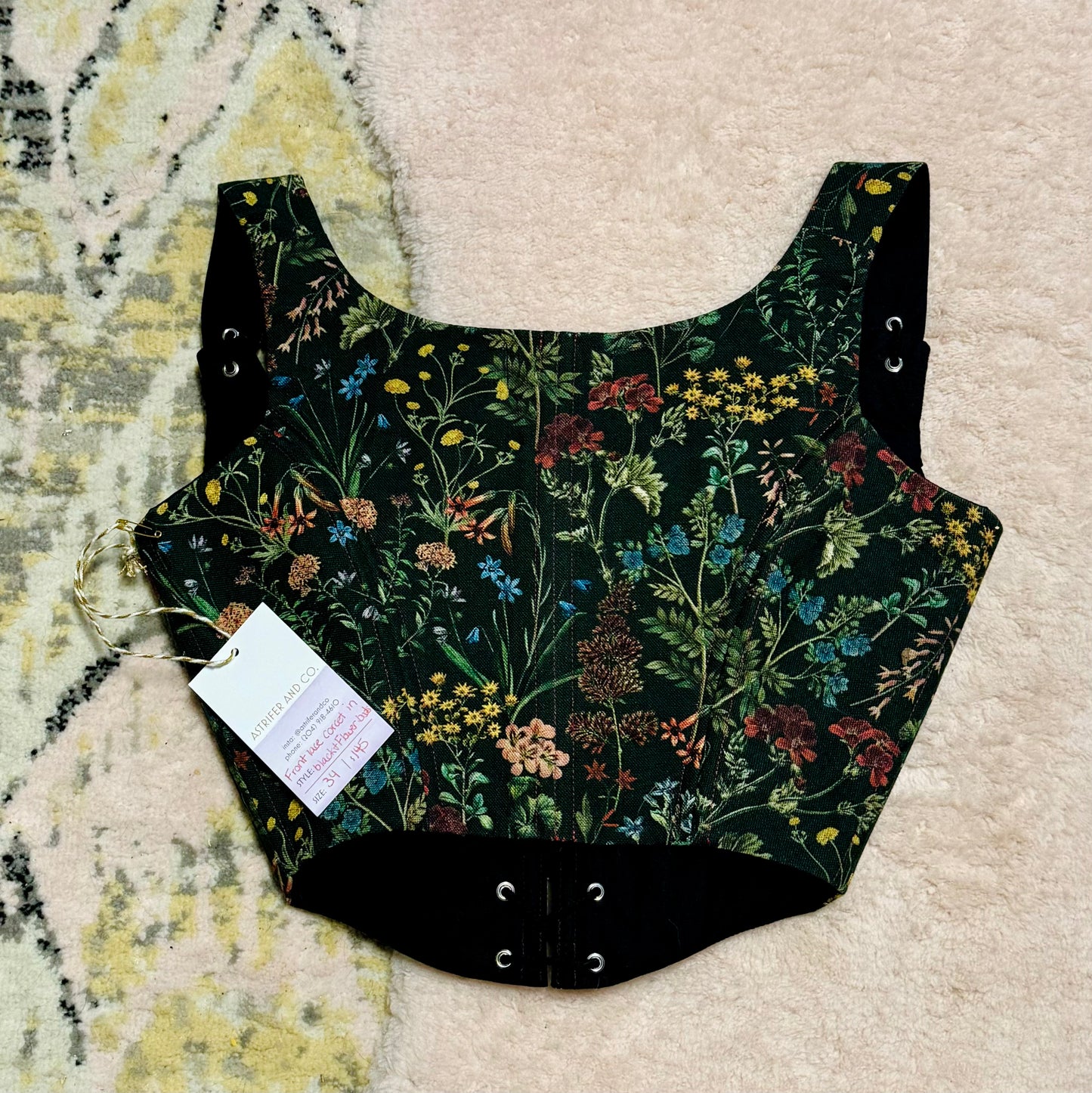 Front Lace Corset in Black and Floral Sprigs
