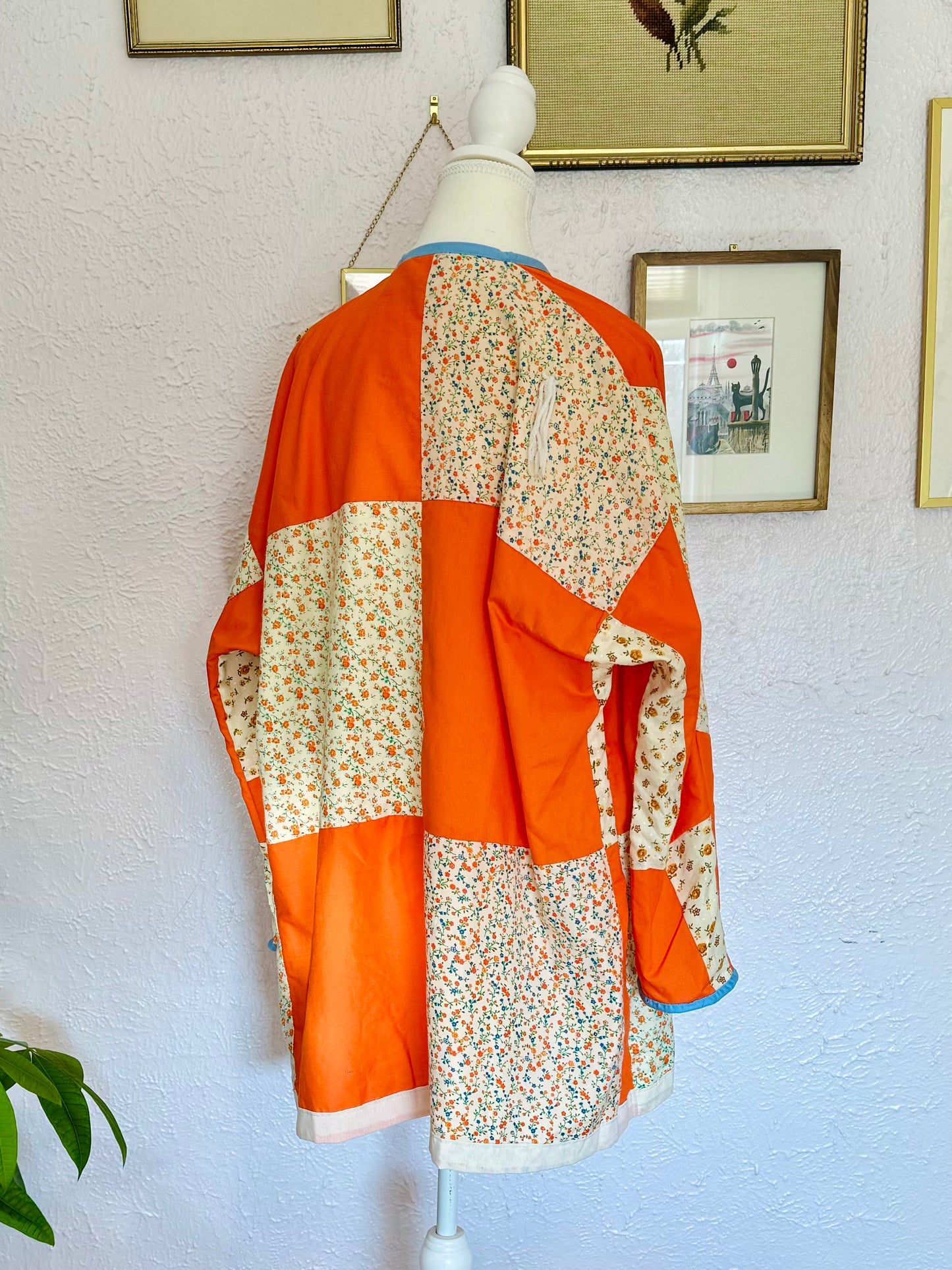 Quilt Jacket in Orange and Floral - Size M Oversized