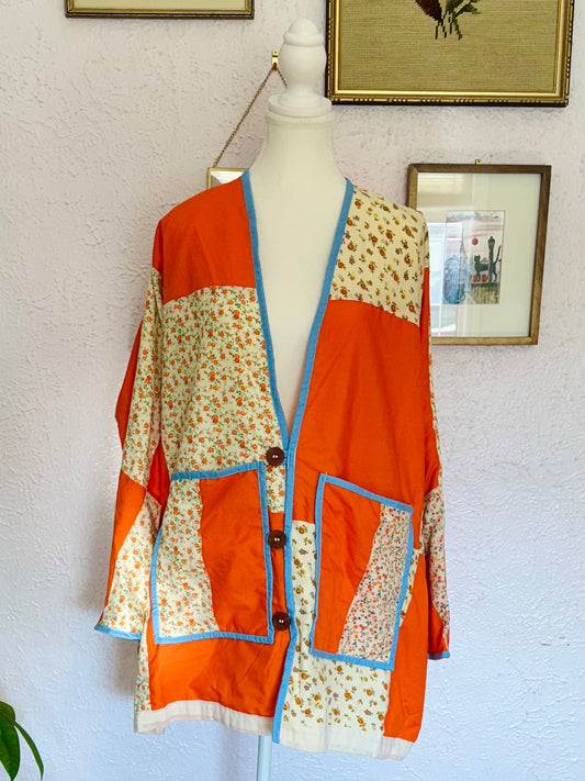 Quilt Jacket in Orange and Floral - Size M Oversized