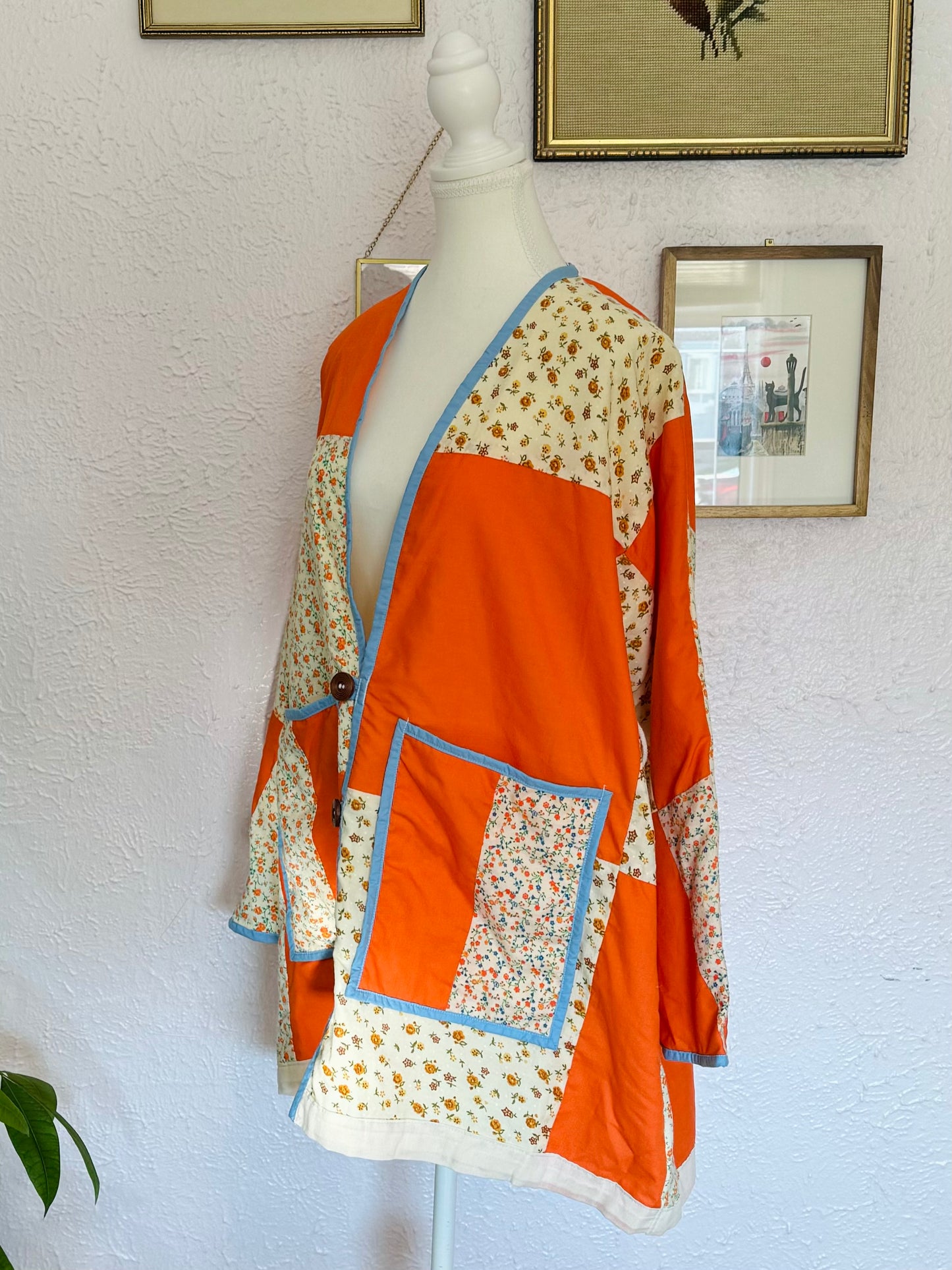 Quilt Jacket in Orange and Floral - Size M Oversized